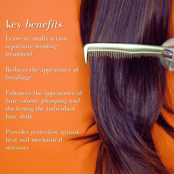 Person combing hair with a gold comb against an orange background, featuring text about hair treatment benefits.